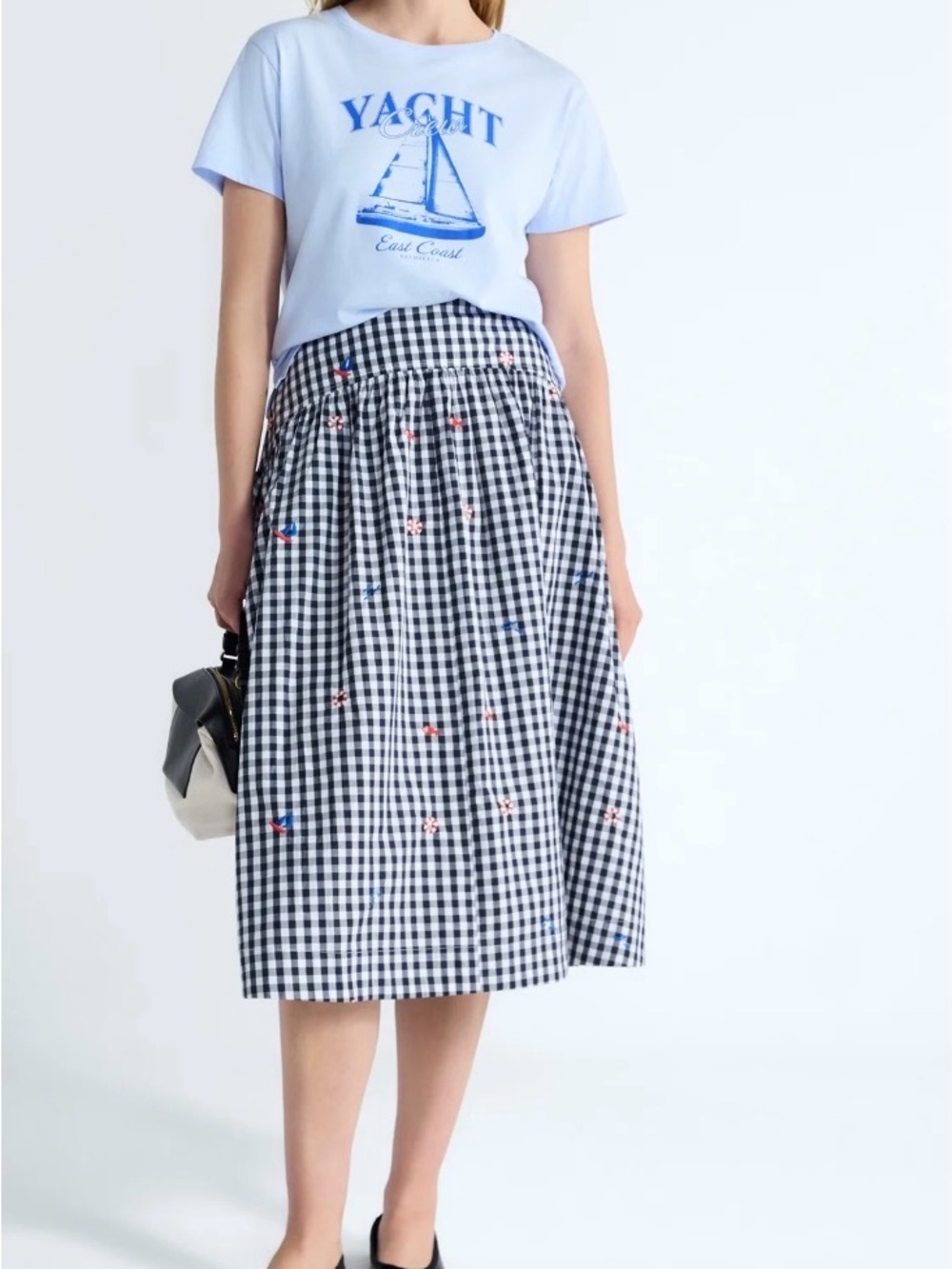Gingham Midi Skirt with Star Embroidery in Black & White - Picture 1 of 8